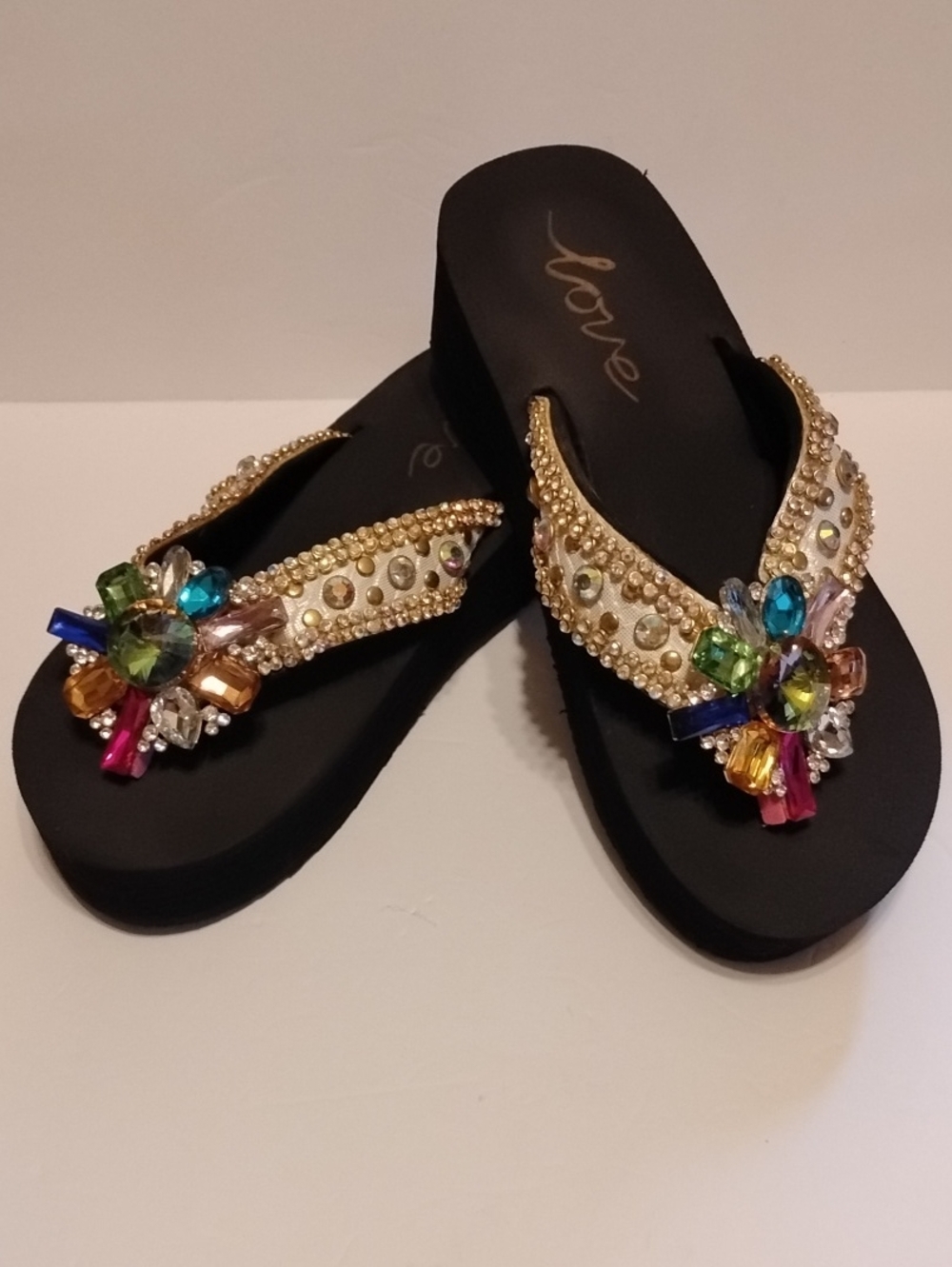 Z-046 Love Black Wedge Sandals with Gold Trim and Multicolor Gems